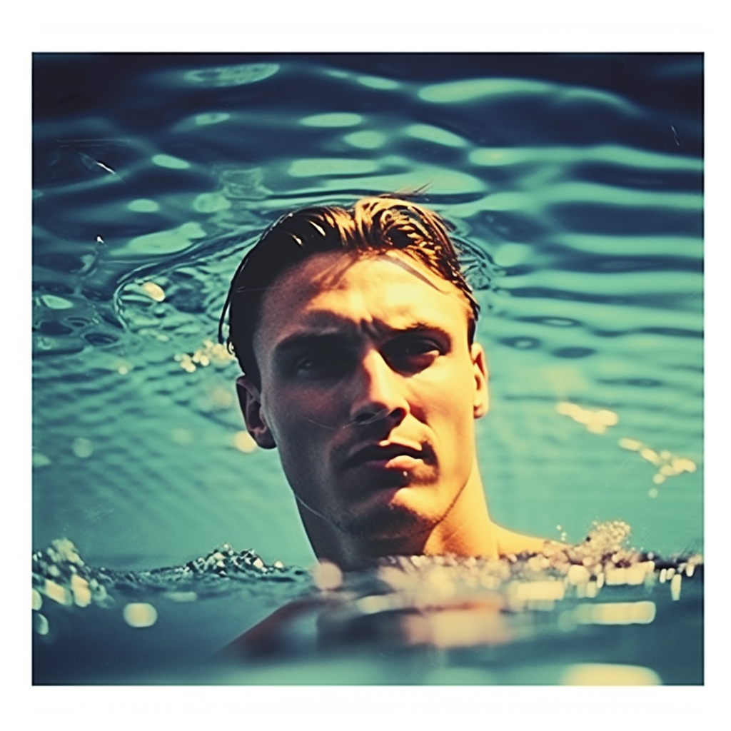 Photorealistic male swimmer in polaroid-style