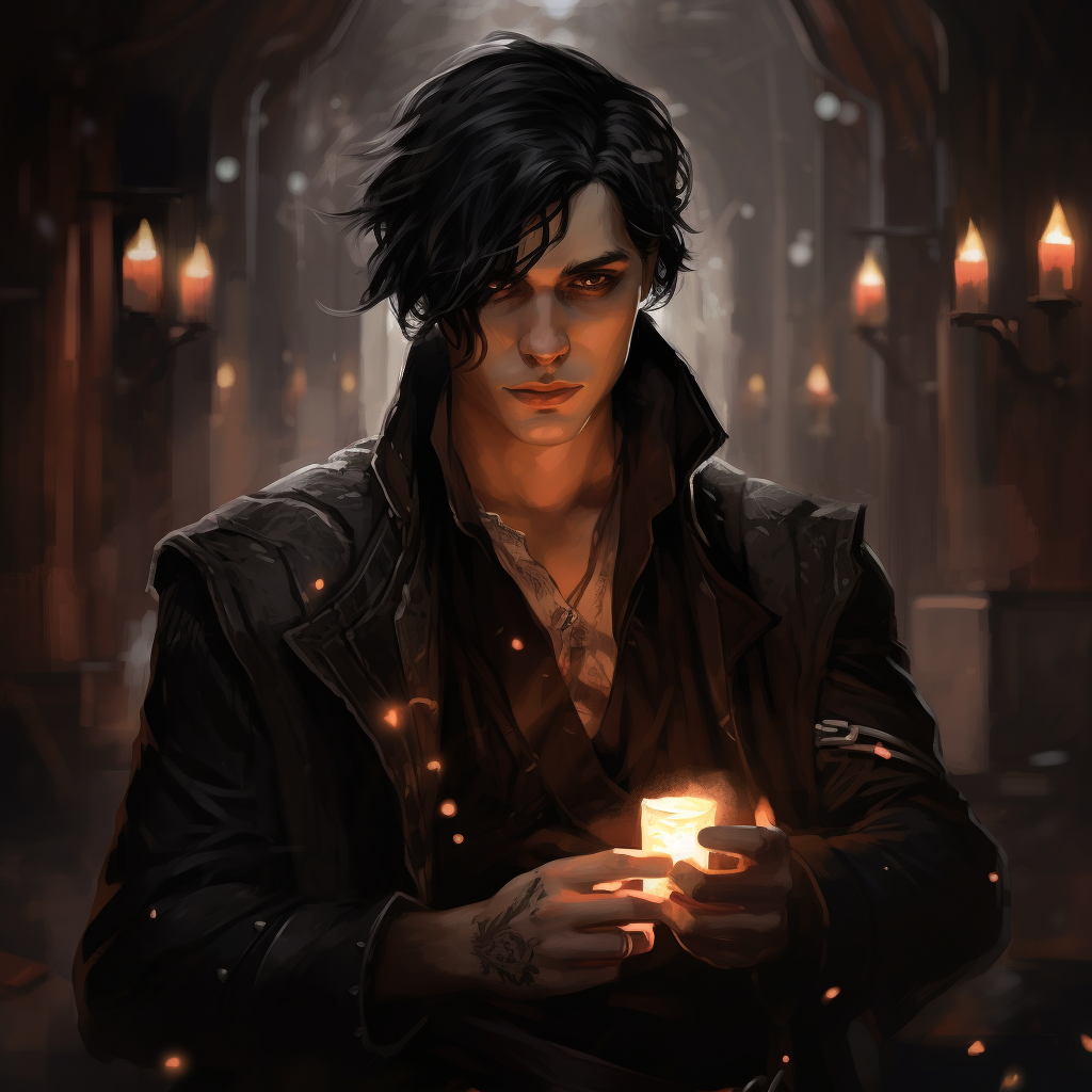 Black-haired male warlock holding deck of magical cards