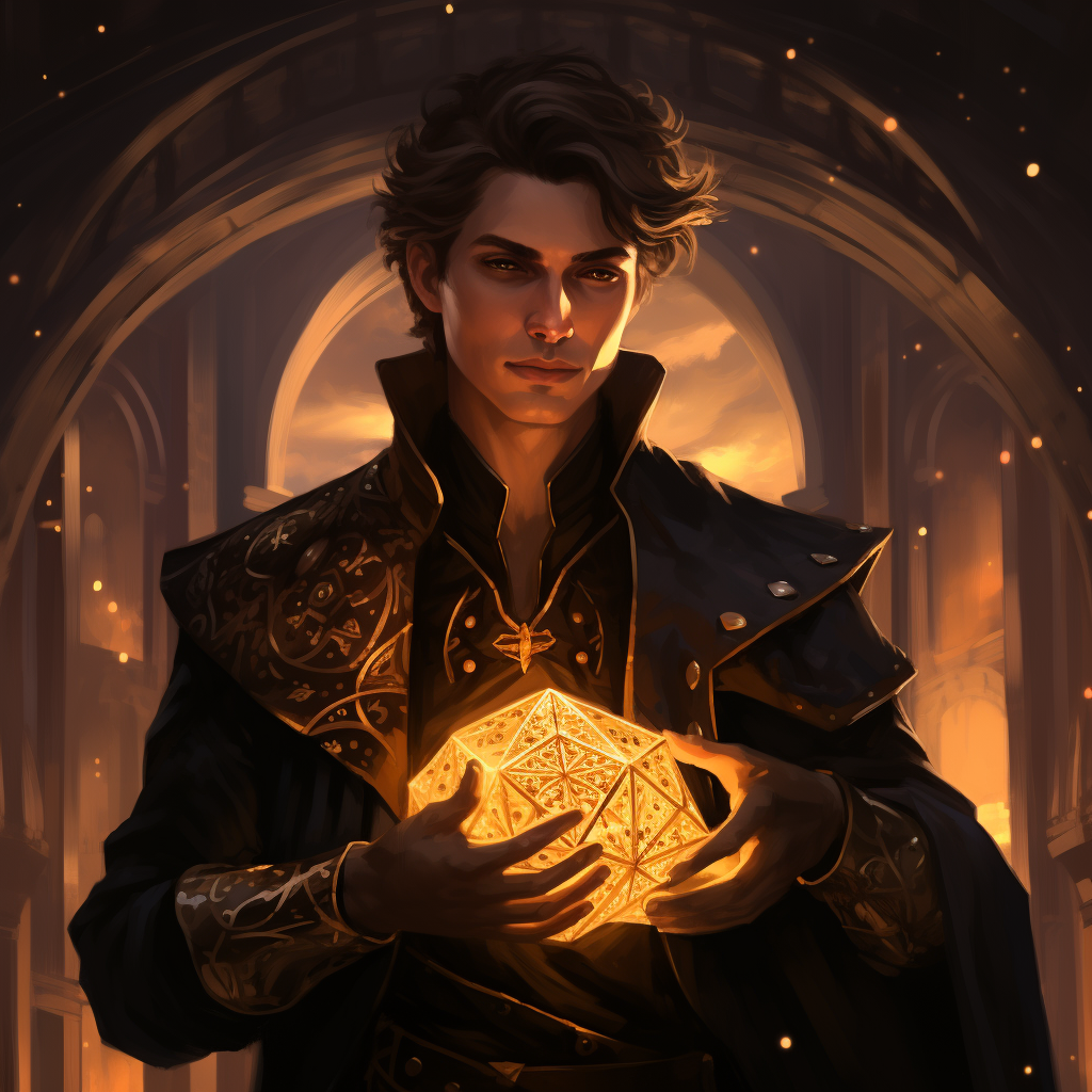 Male Warlock holding a magical golden deck