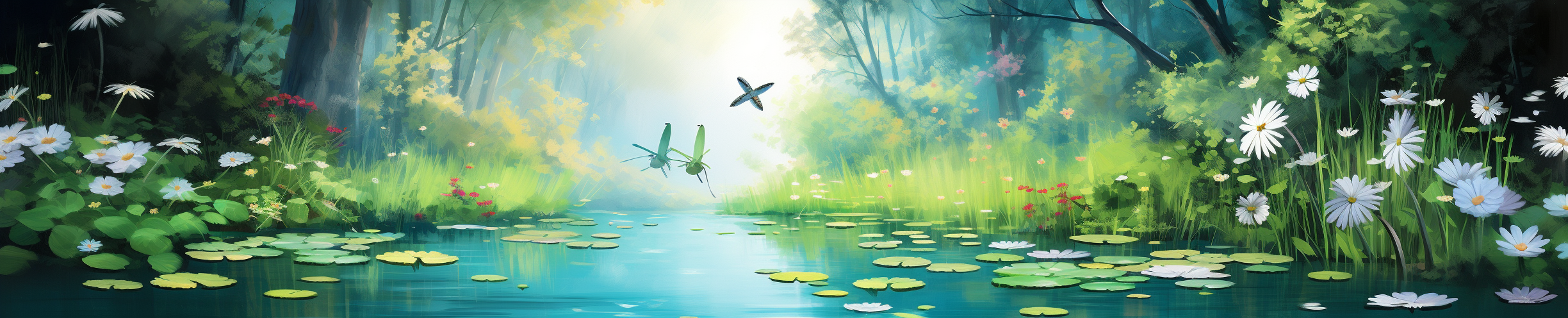 Beautiful lake scene with forest and dragonflies