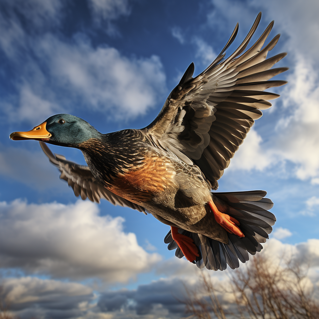 Majestic mallard duck flying against the sky