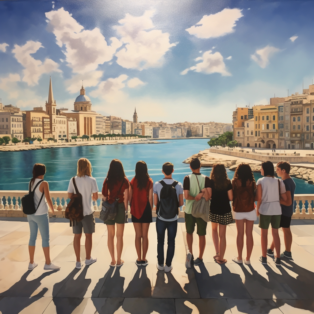 Group of students on Sliema promenade with ships