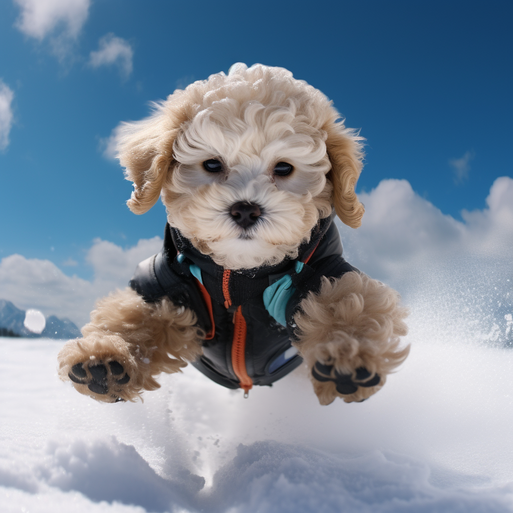 Cute Maltipoo dog skiing