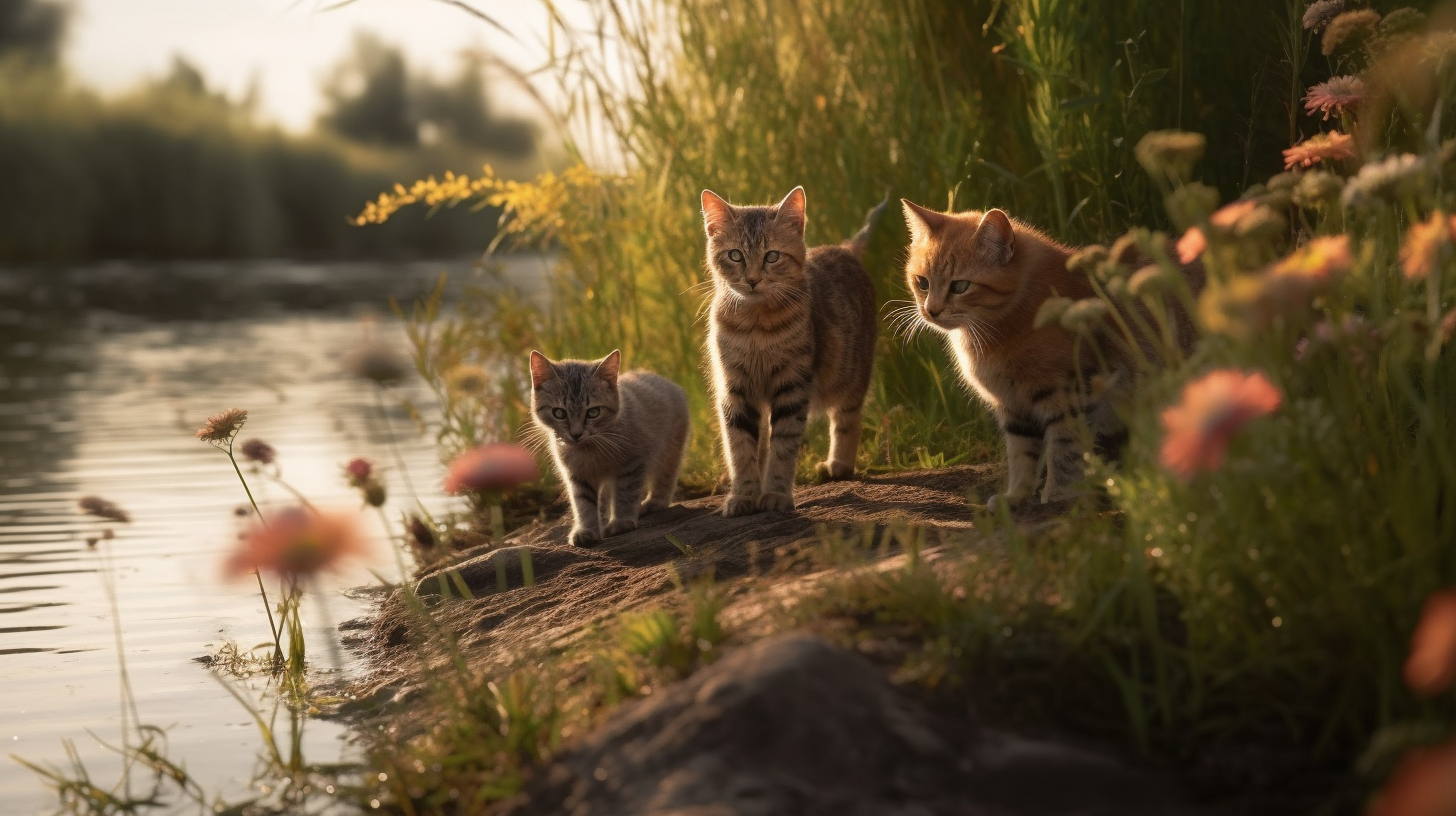 Mama Cat and Kittens Fishing by Riverside