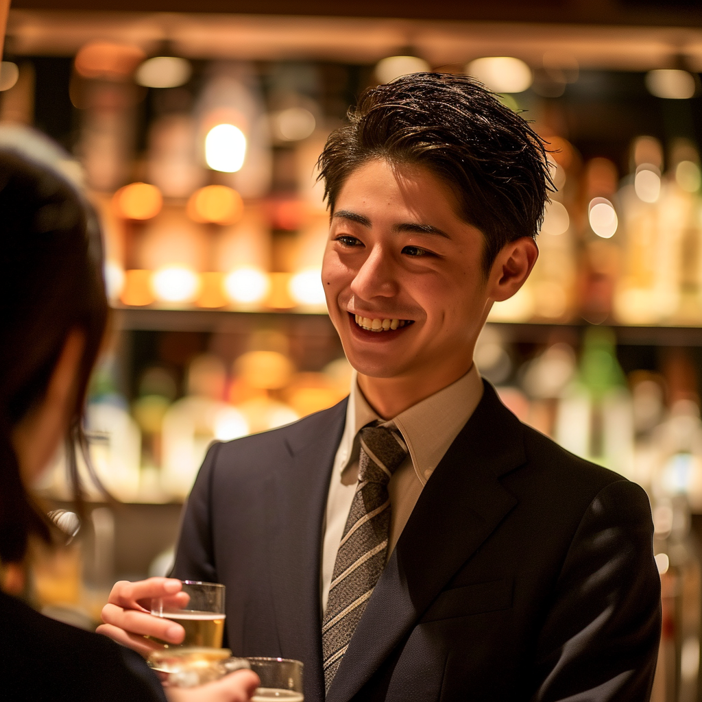 Man accepting drink from female bartender