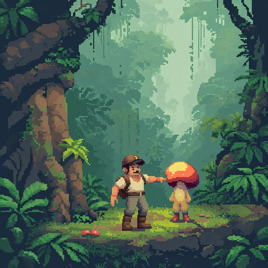 Man holding hands with angry mushroom in jungle