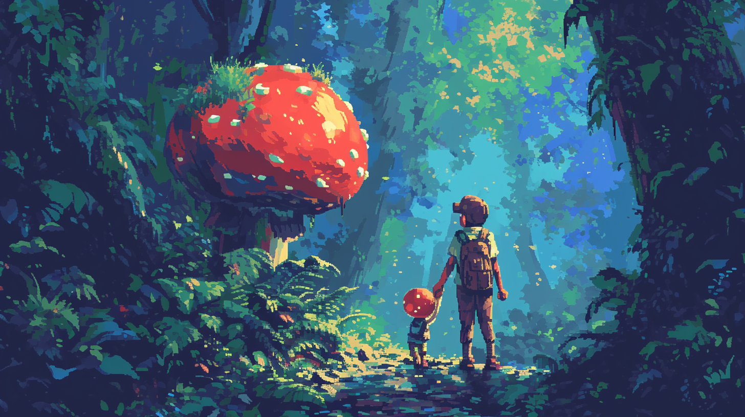 man holding hands with angry mushroom in jungle