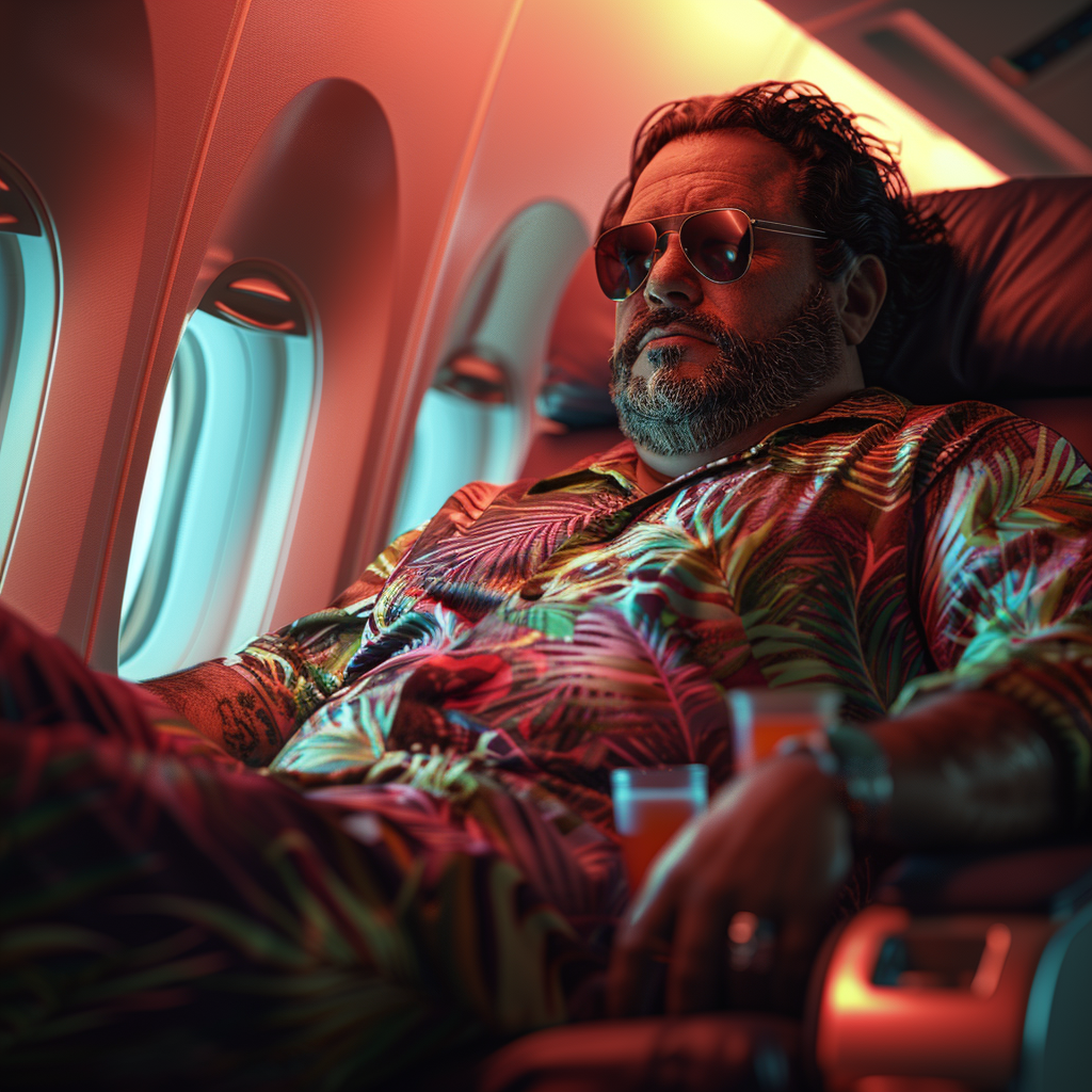 Man in Hawaiian Shirt on Airplane