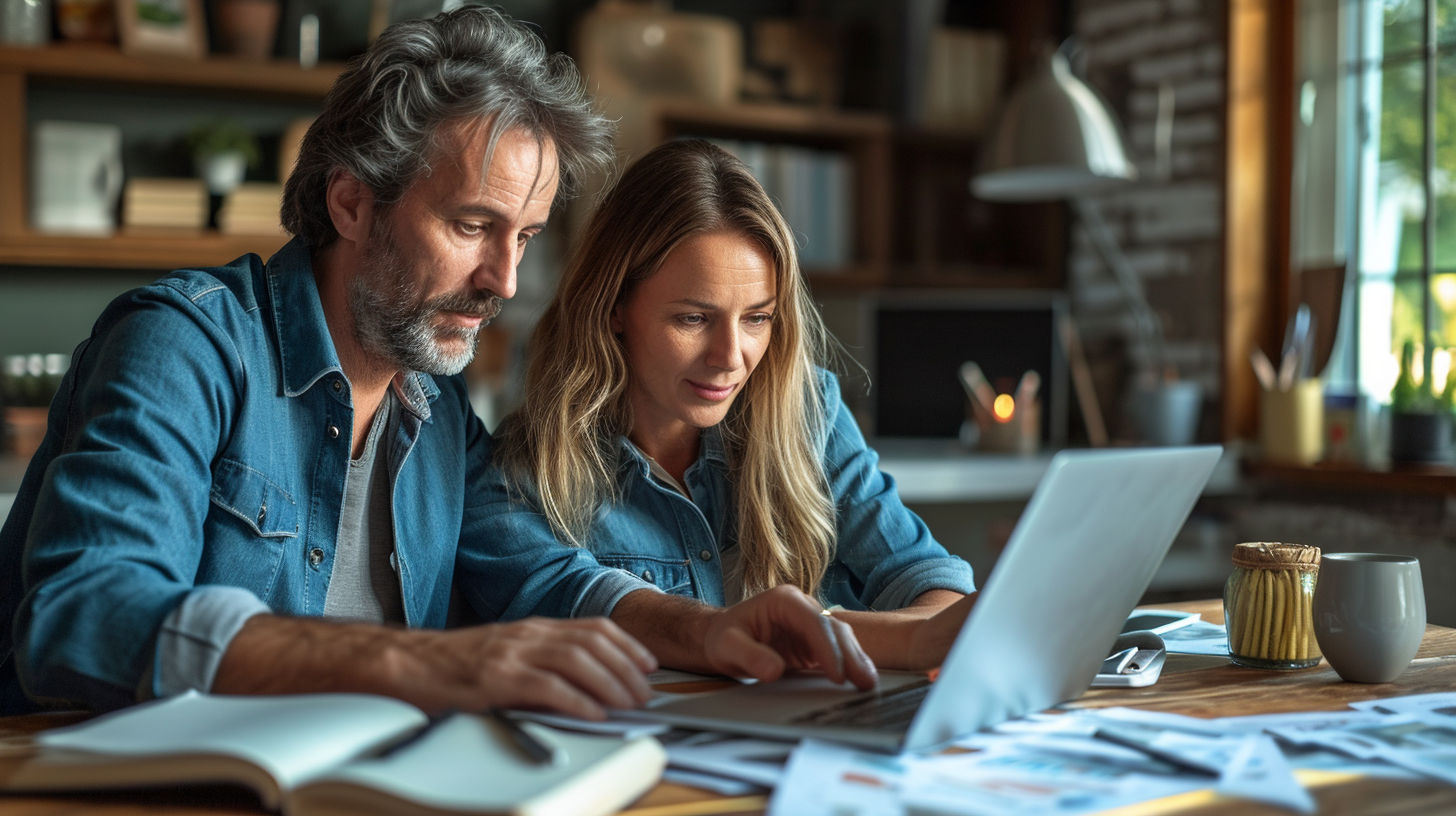 Man Assisting Wife at Home Office