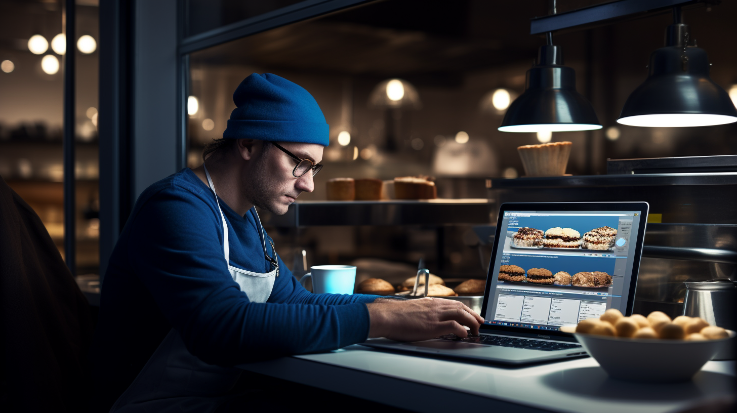 Man sitting by laptop in bakery