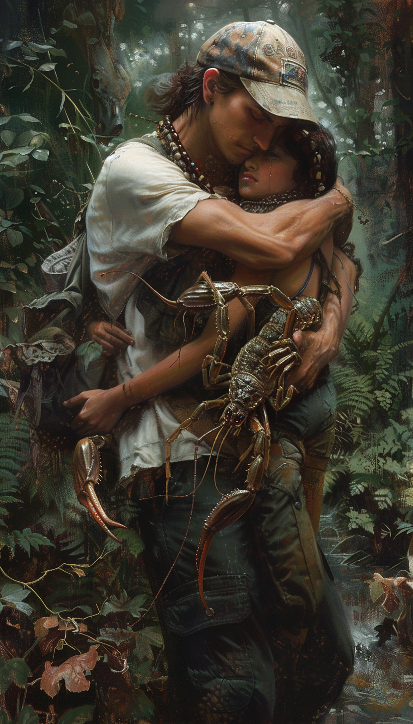 Man holding scorpion girl in forest