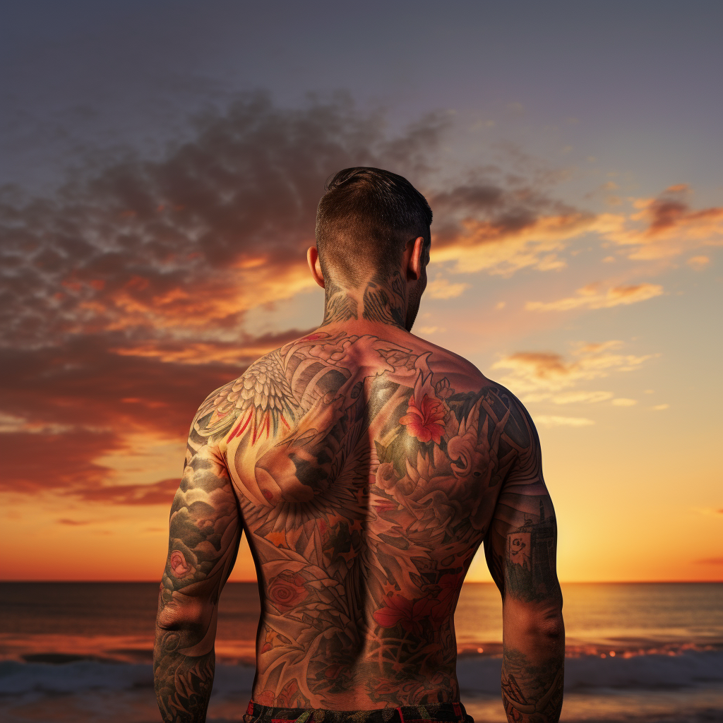 Man on Beach with Shirt and Tattoos at Sunset