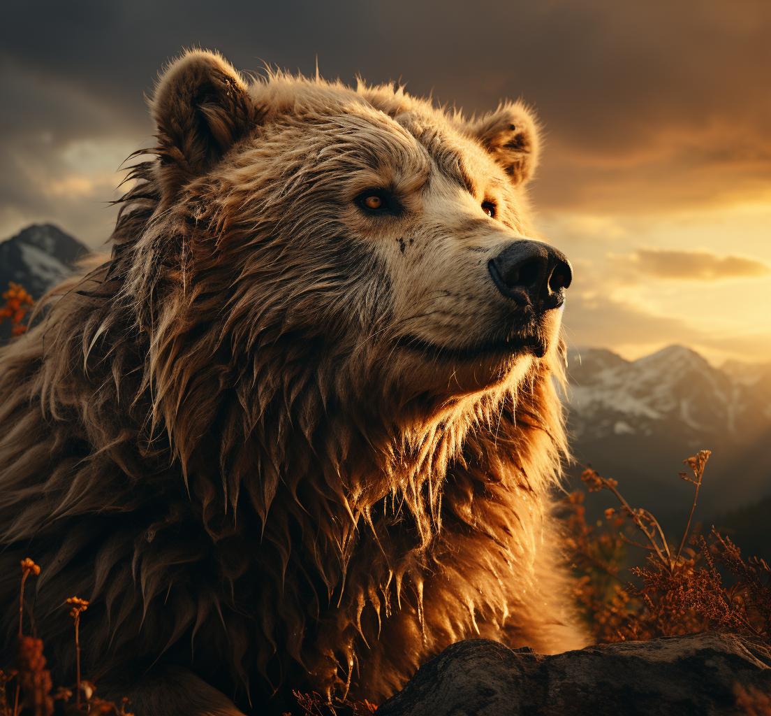 Man Bear Hybrid with Stunning Sunset in the Mountains