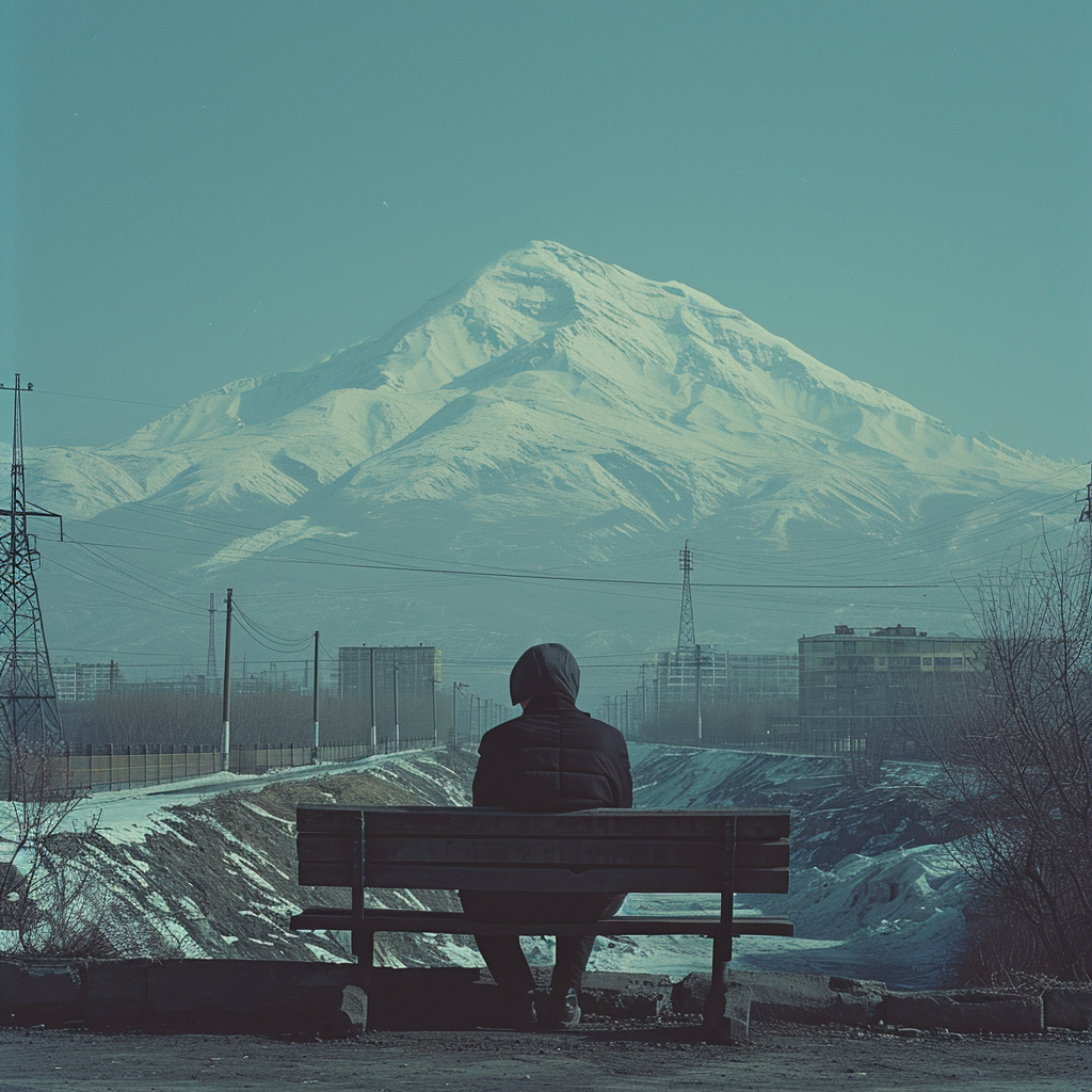 Man on Bench with Snow Mountain Background