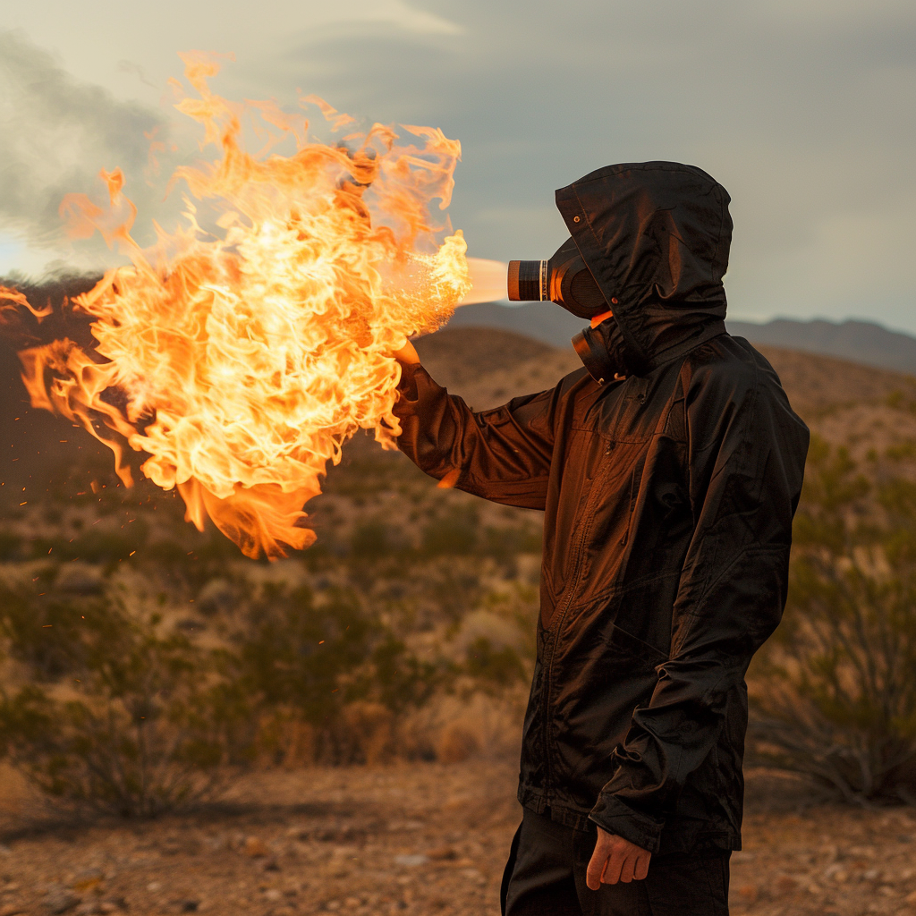 Man with Flame Thrower in Desert