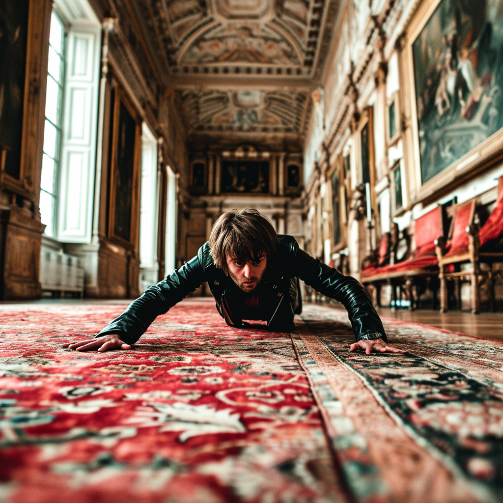 Man in Black Leather Crawling on Persian Rug