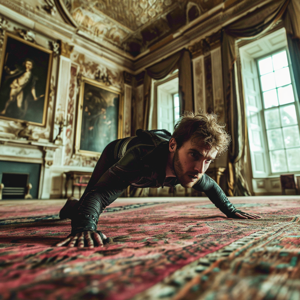 Man crawling on Persian rug