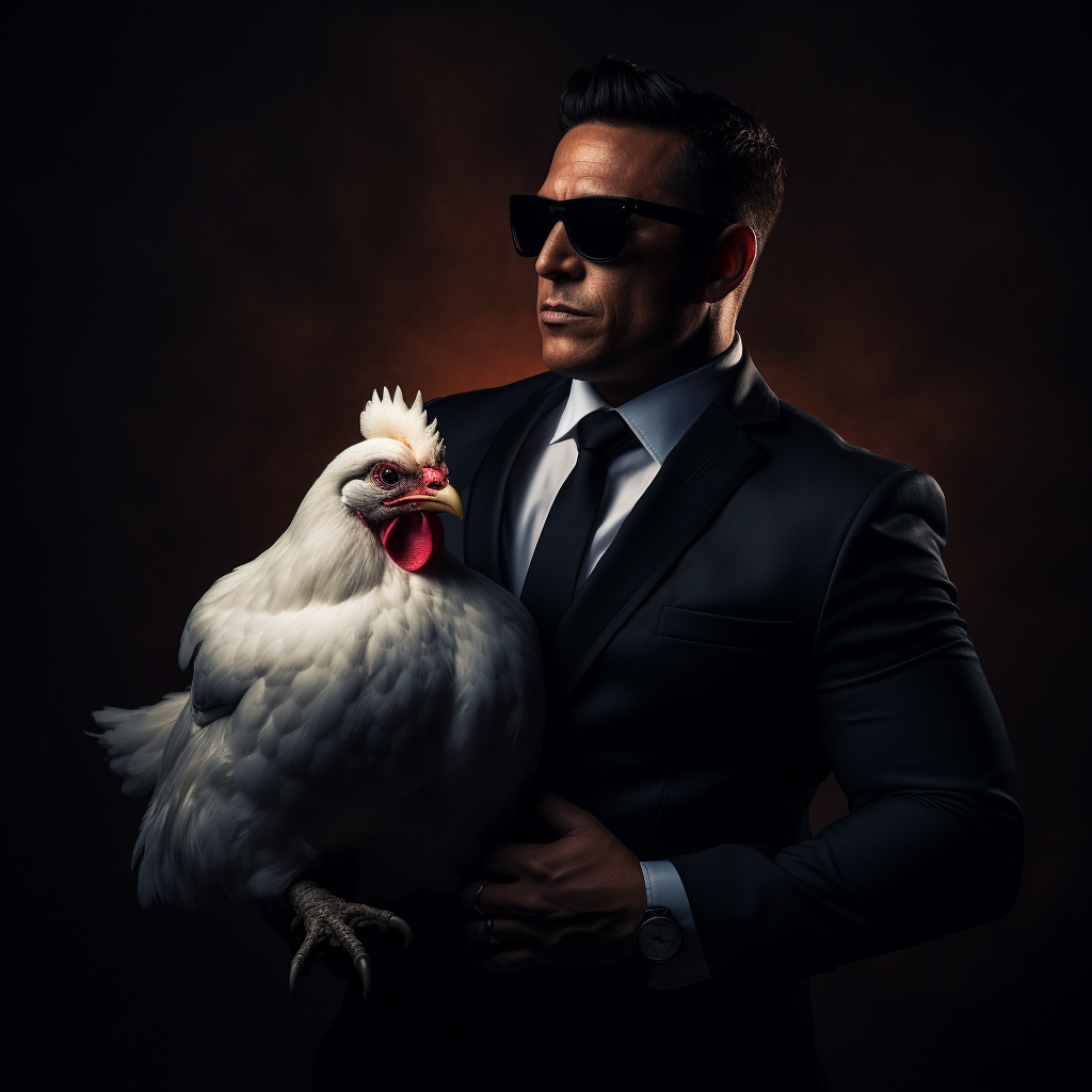 Muscular man protecting a white chicken