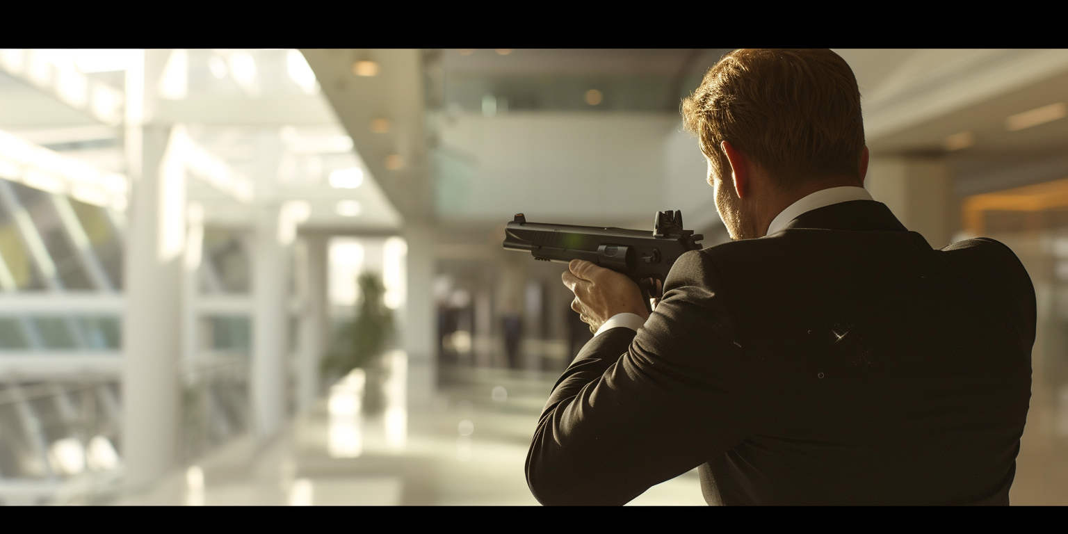 man in black suit sneaking with gun