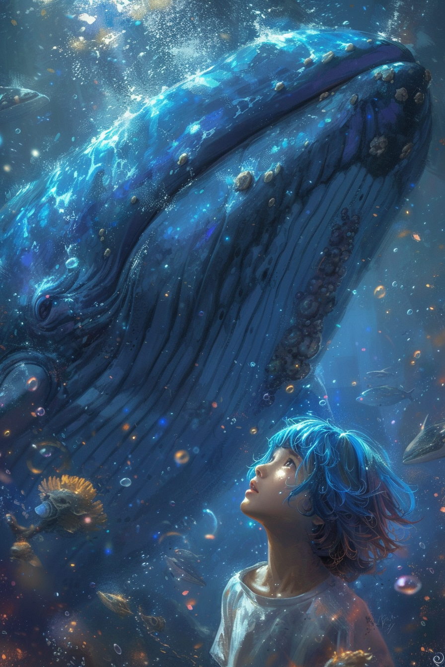 Man with blue hair looking at whale