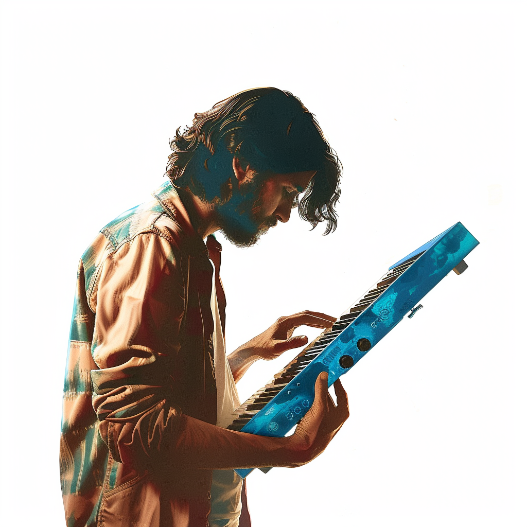 man playing blue keytar