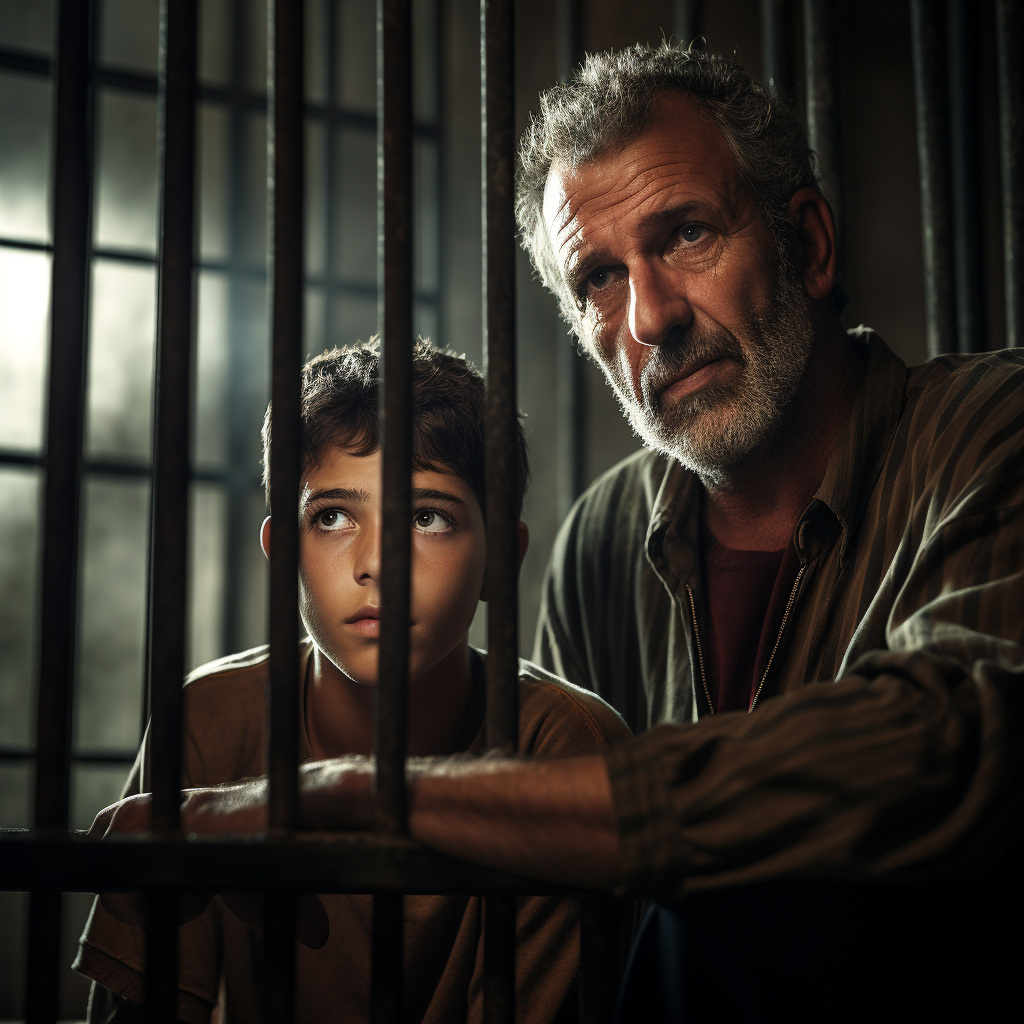 Man and boy looking through prison bars