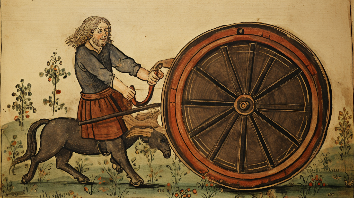 Man breaking wheel on medieval wagon