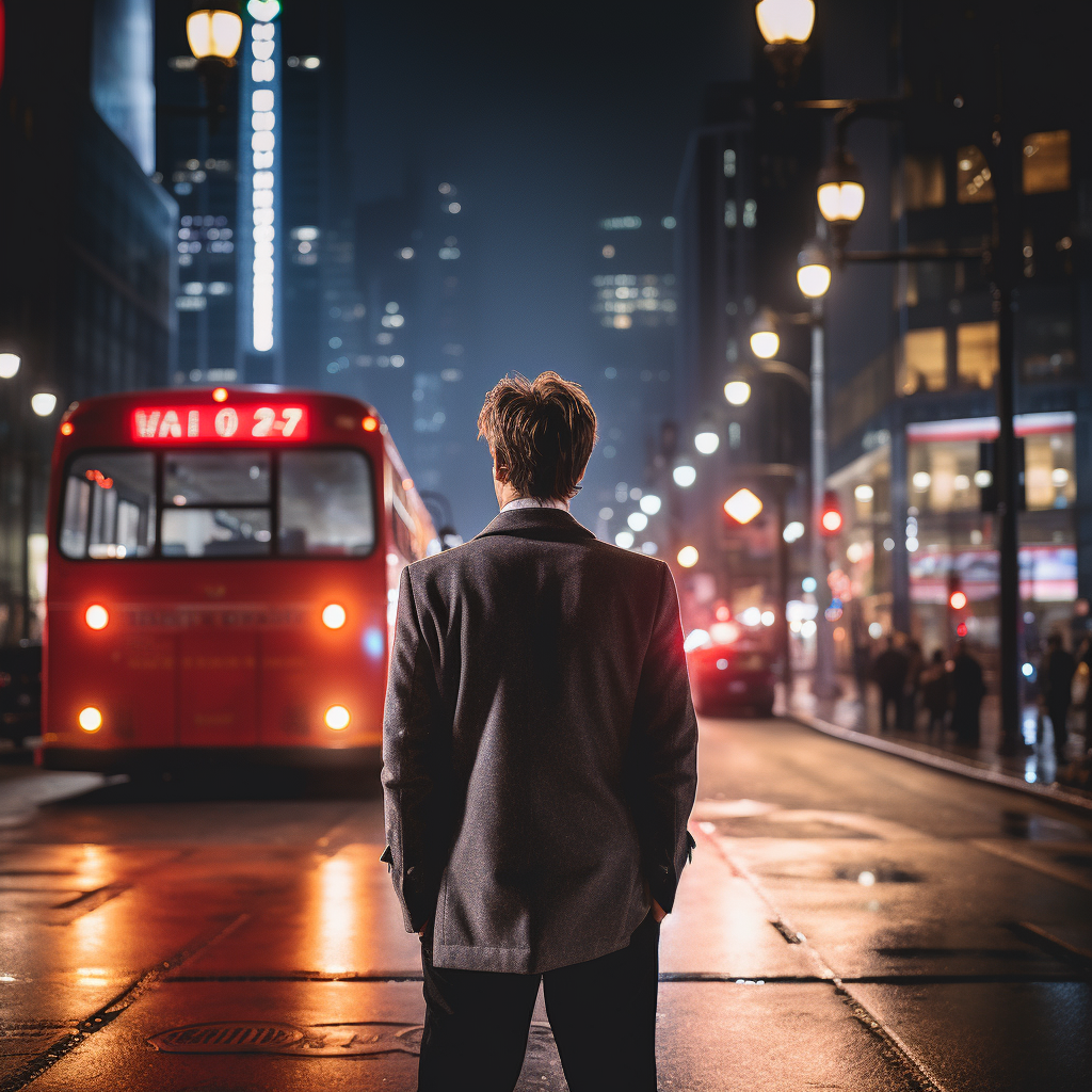 Stylish man in blue suit at bus stop