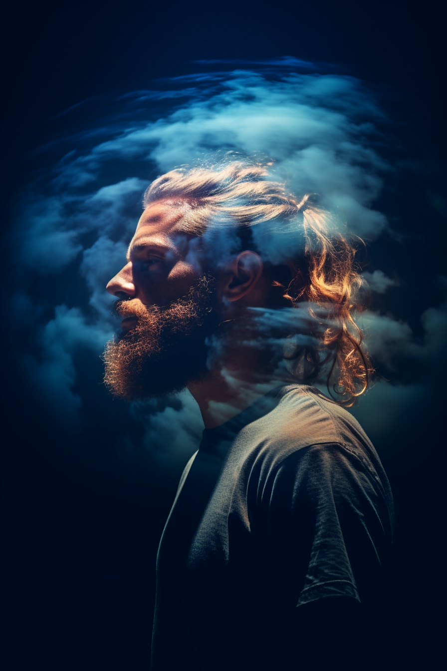 Double Exposure: Man with Man-Bun and Beard against Earth