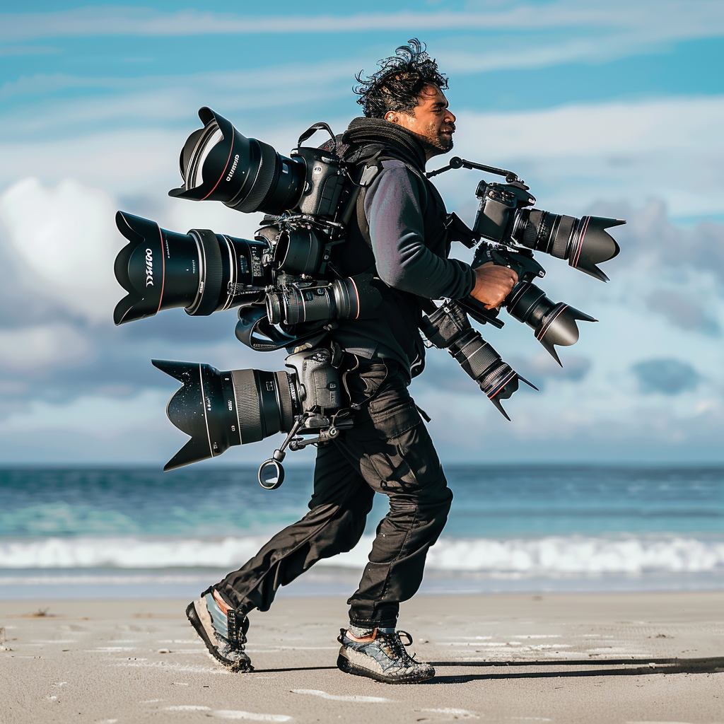 Man with Camera Lenses on Beach