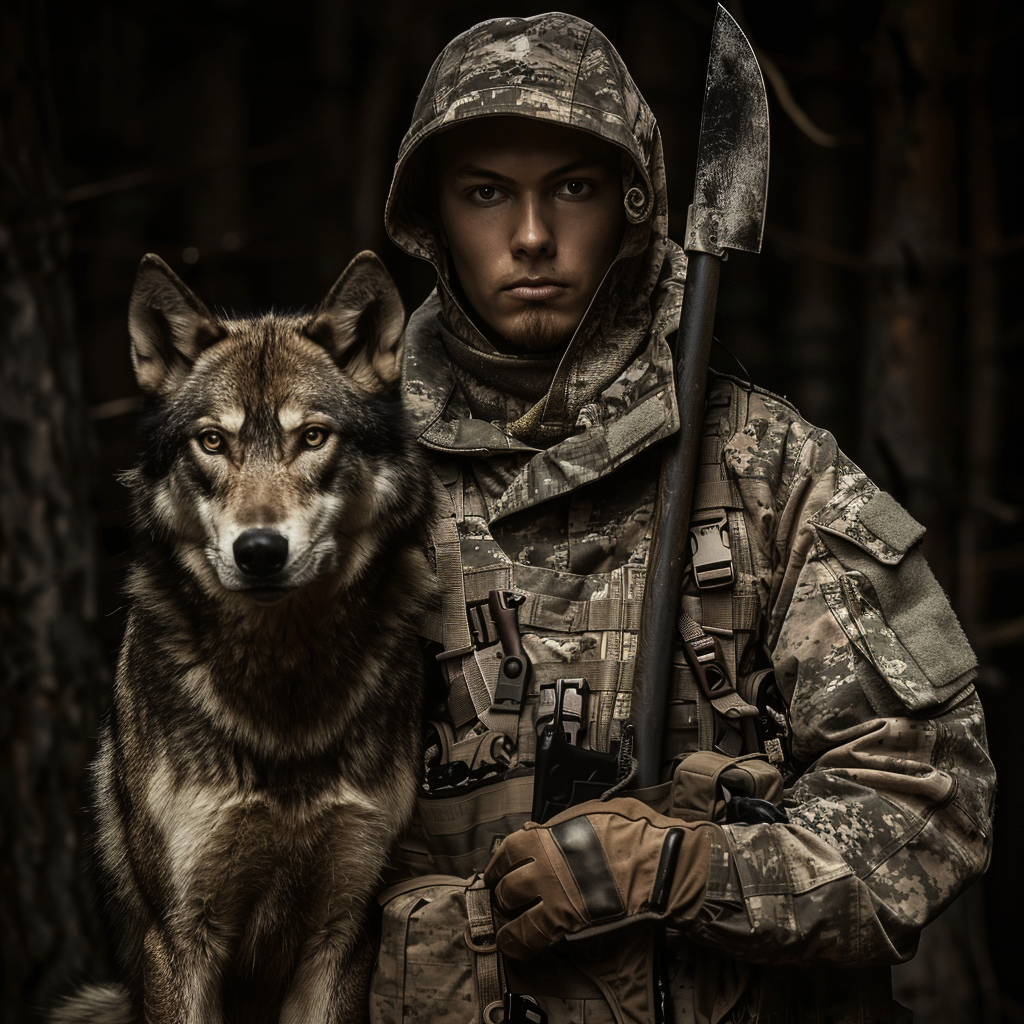 Man in camo gear with wolf