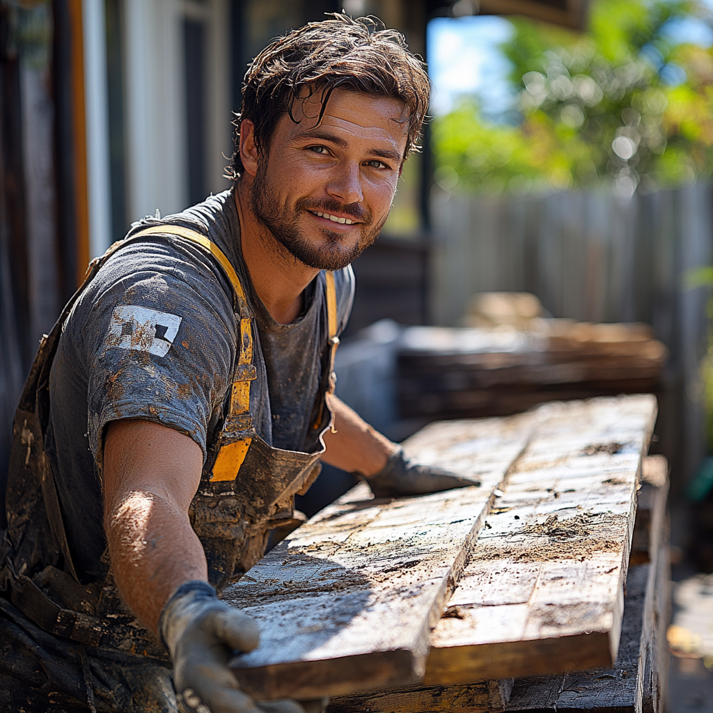 Man carrying old wood decking