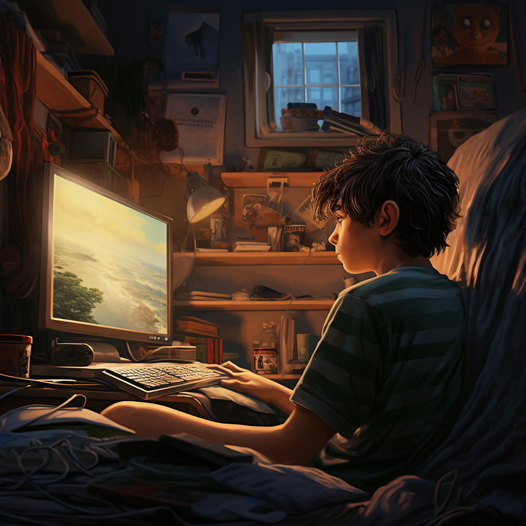 Man in childhood room watching TV on laptop