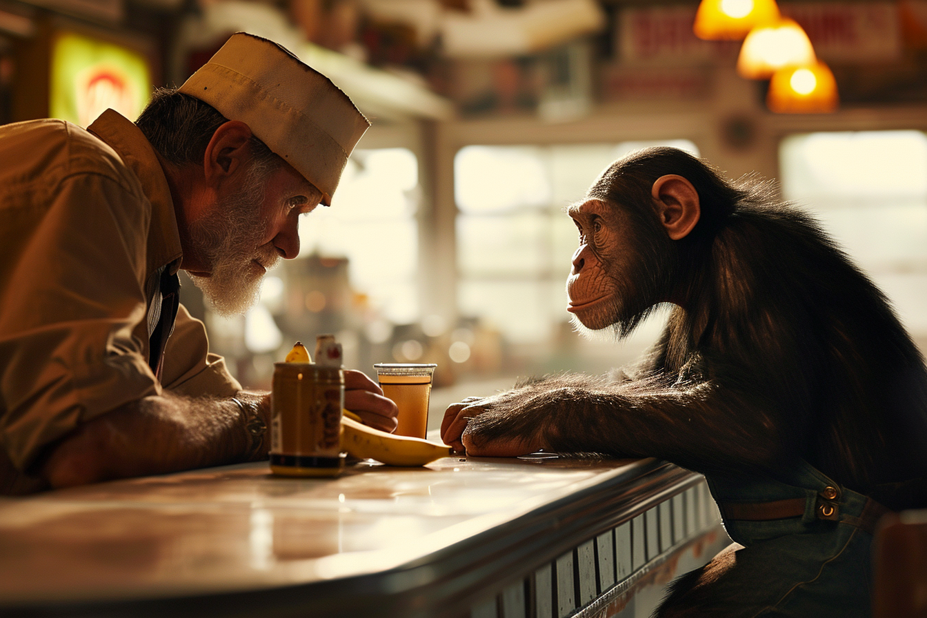 Man and chimpanzee face off at diner counter