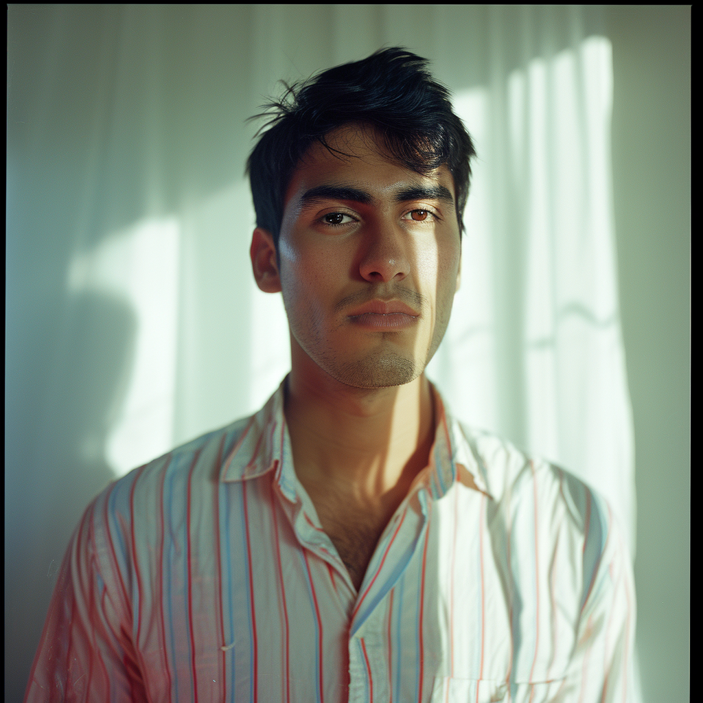 Man in Classic White Shirt Striped Red Blue