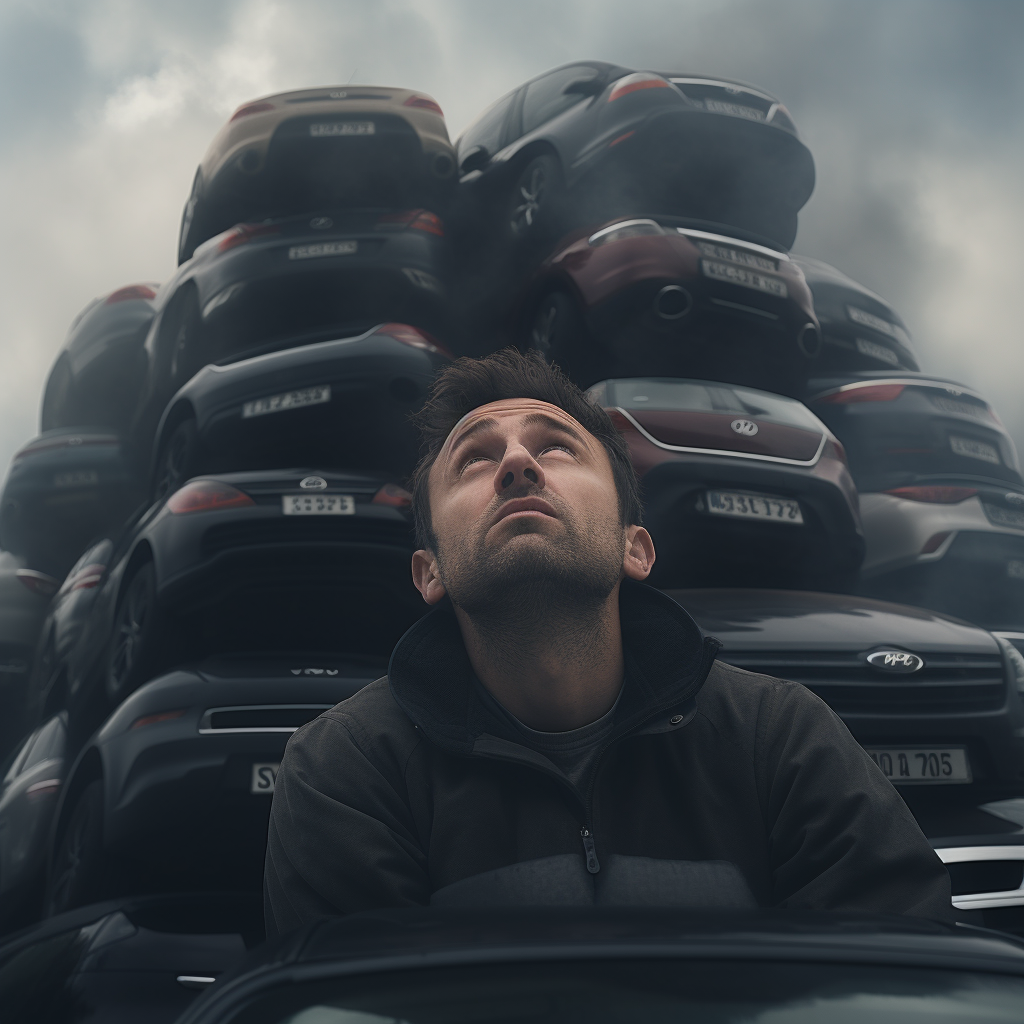 Closeup of Man Climbing Stack of Cars