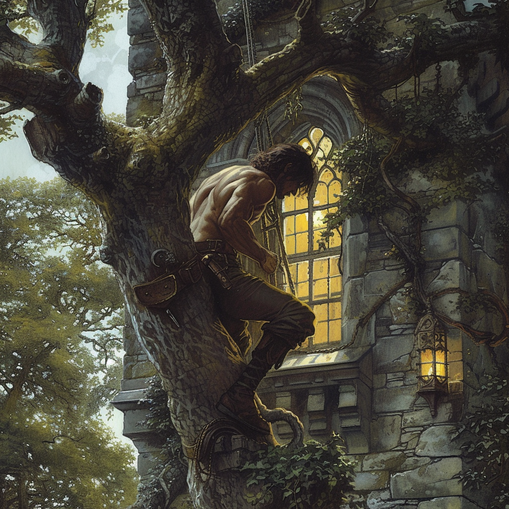 Man Climbing Tree to Castle Window