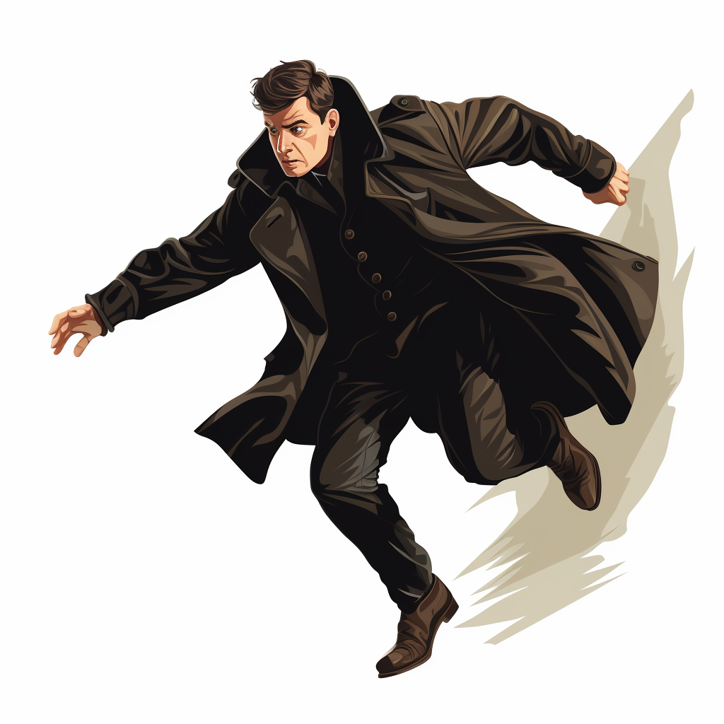 Cartoon man climbing in trench coat