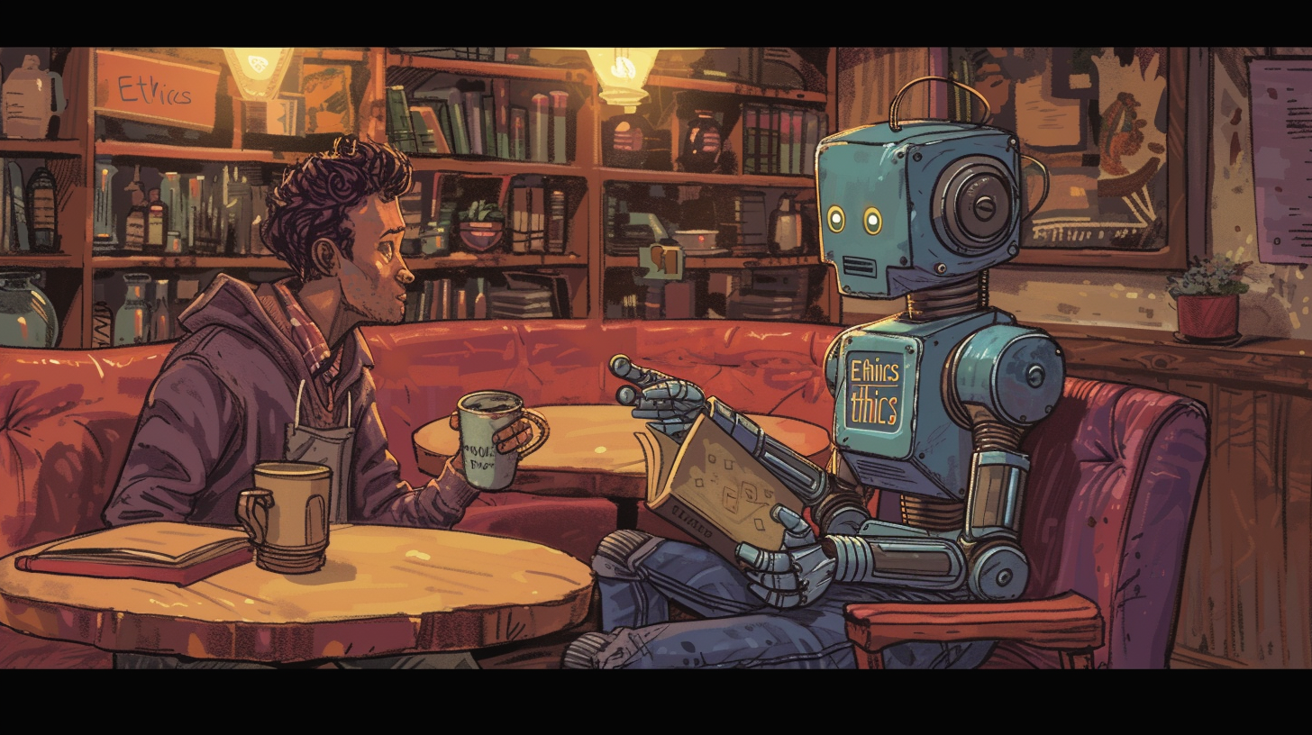 Man discussing philosophy with robot in coffee shop