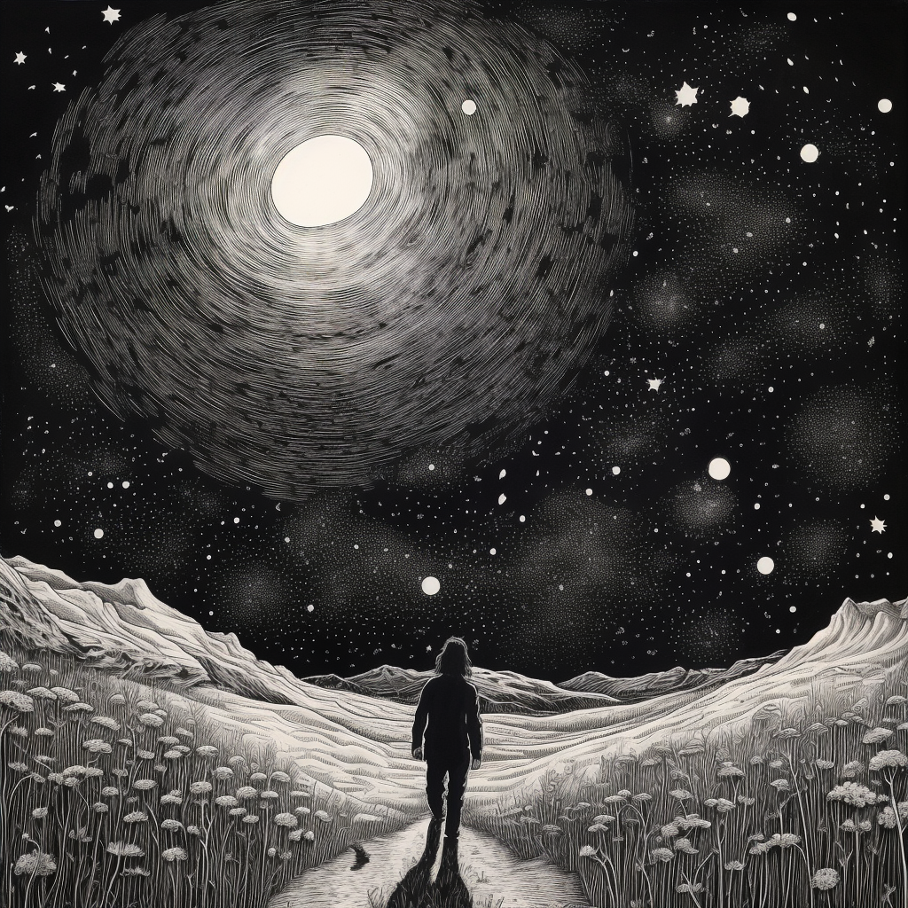 Illustration of a man and cosmos in black and white