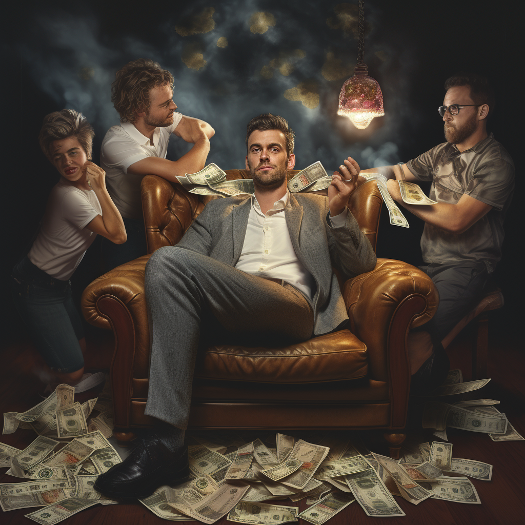 Man on Couch with 4 People Massaging and Money