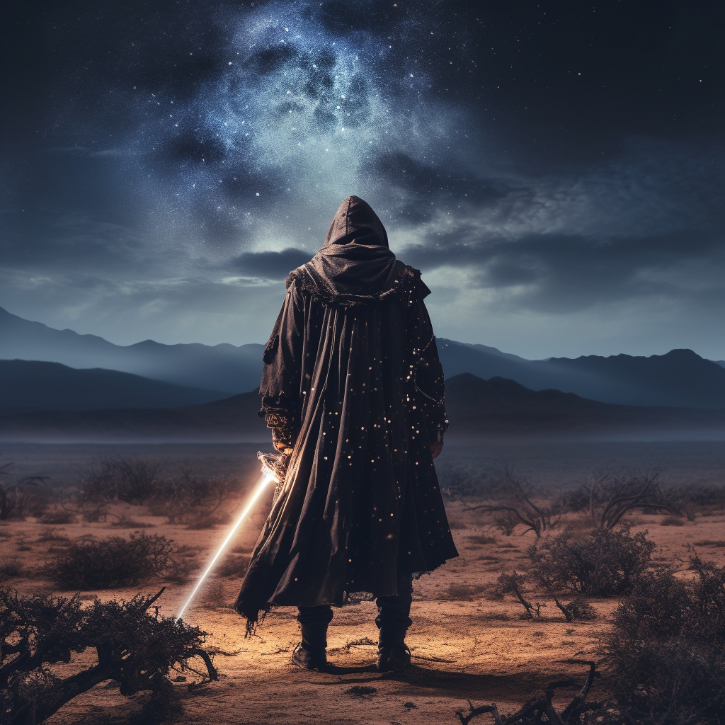 Man in Australian desert with sword and galaxy cloak