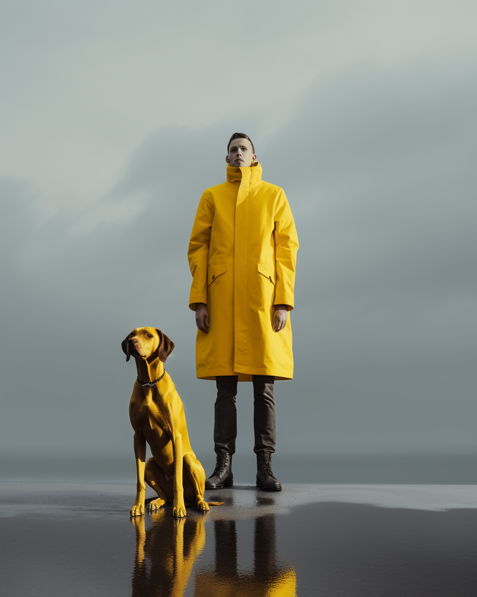 Man in Yellow Jacket Watching Dog