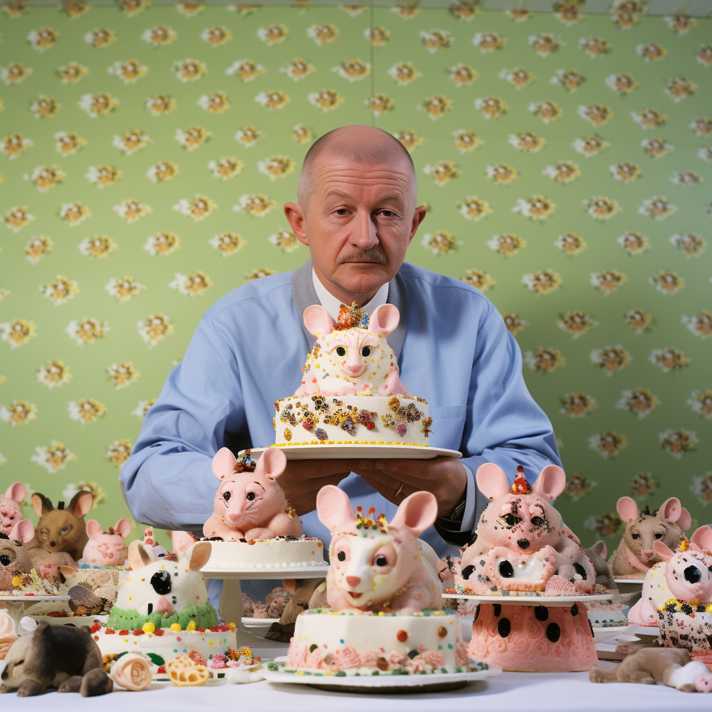 Man baking a cake with mouses