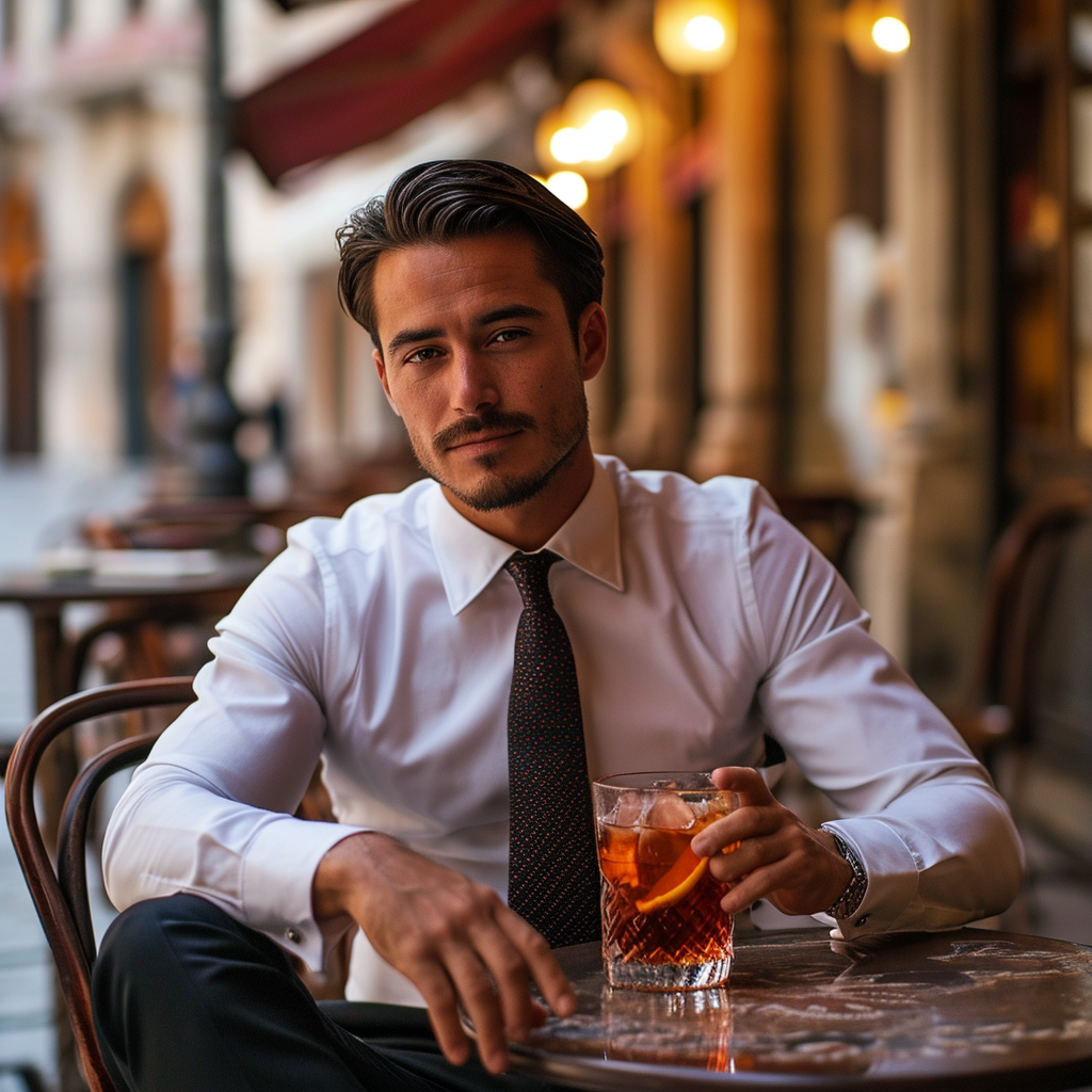 Stylish man sipping Negroni tea in Italian café