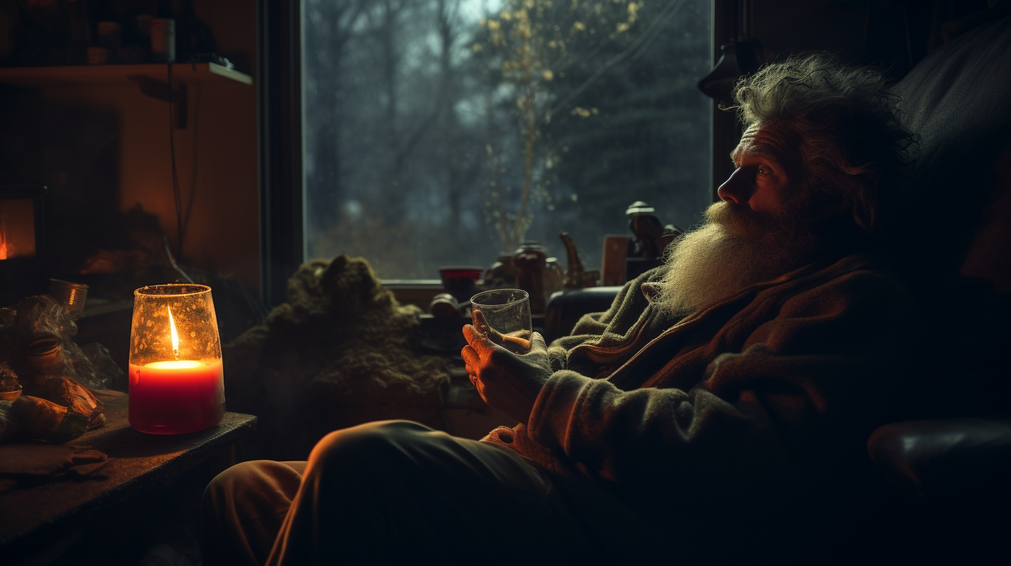 Man enjoying beer by cozy fireplace