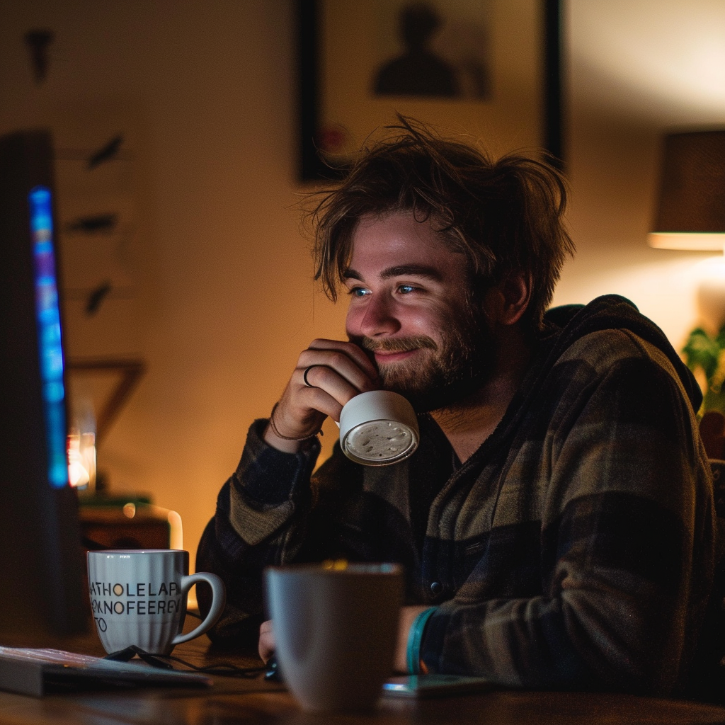 man enjoying coffee at computer