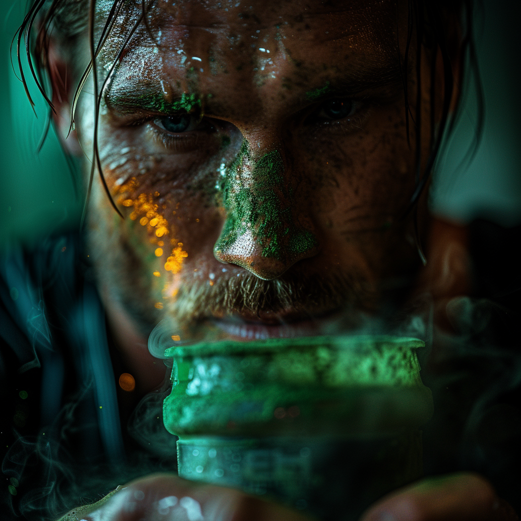 Man drinking green glowing powder from protein shaker