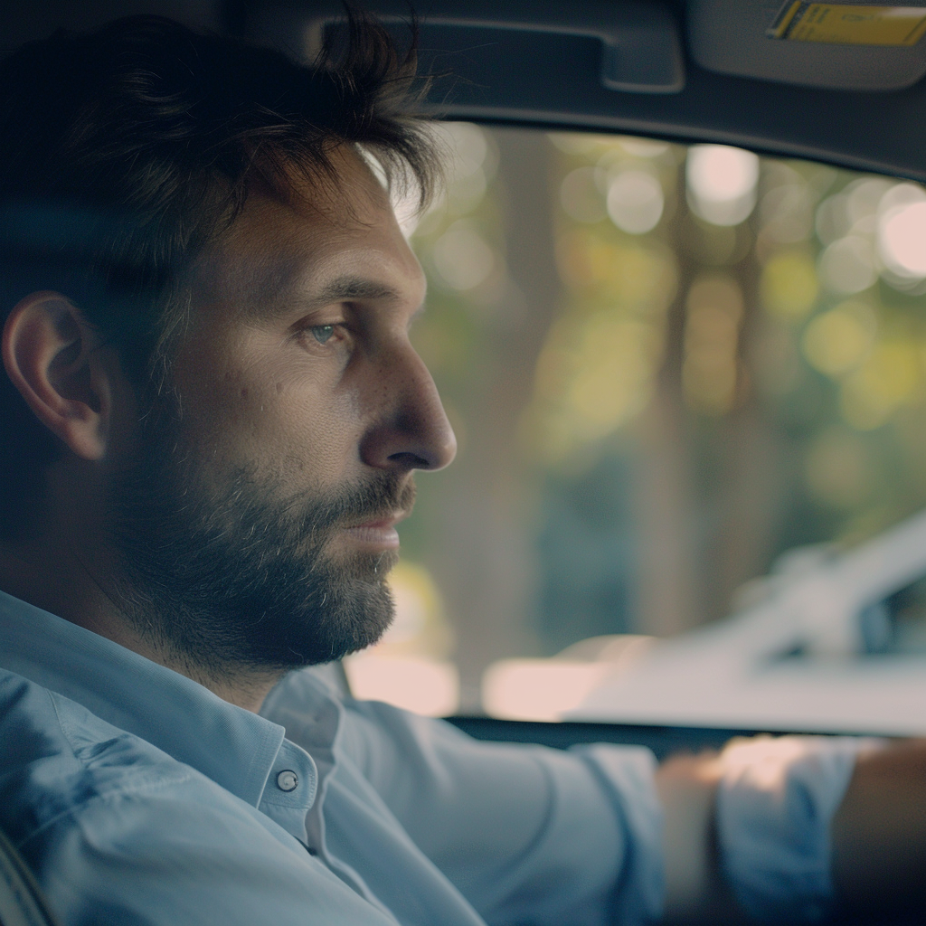 Man driving car skeptical background