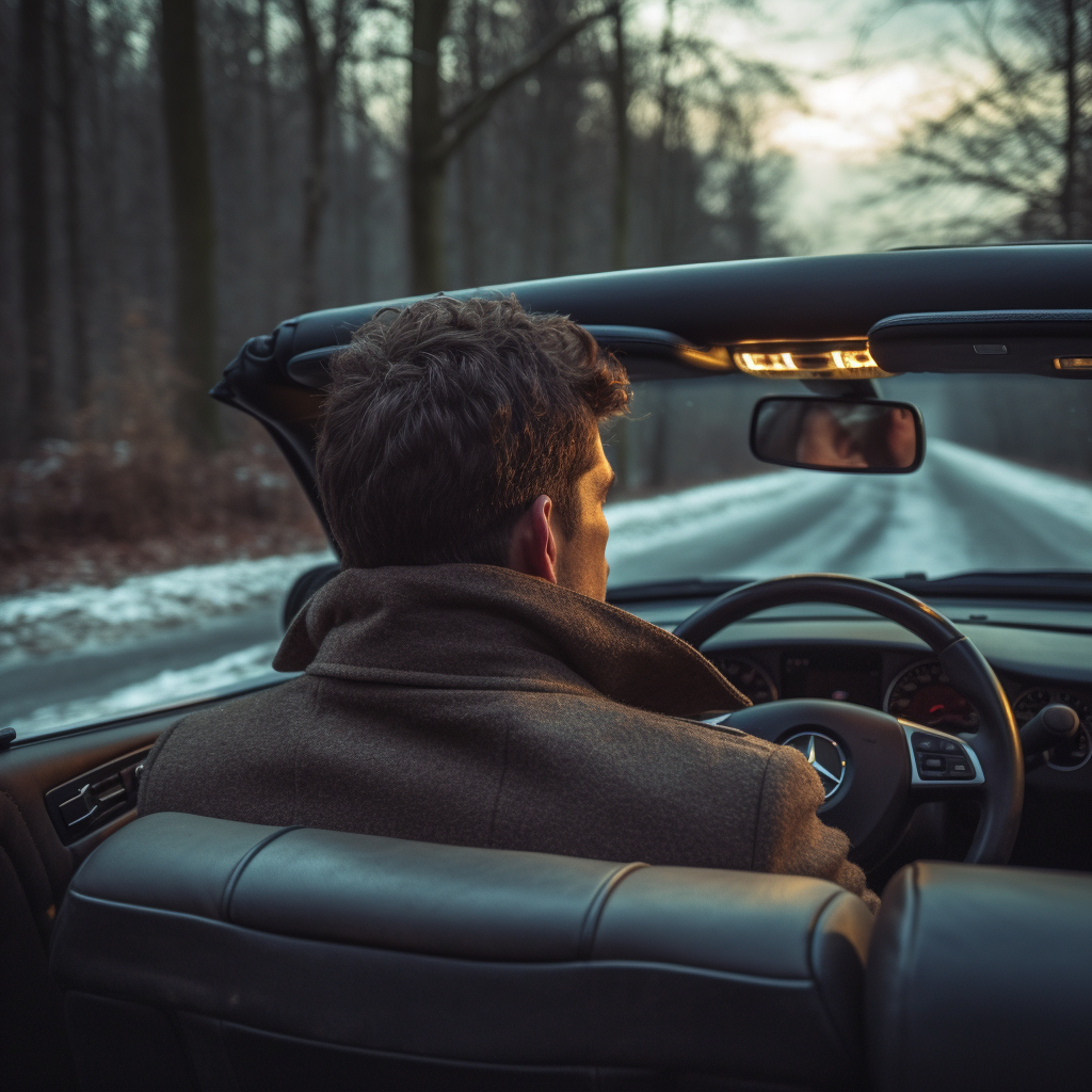 Man driving convertible car in winter